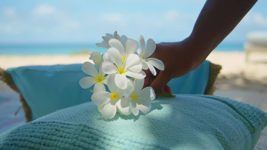 White flower being placed on top of a cushion in a beachside setting