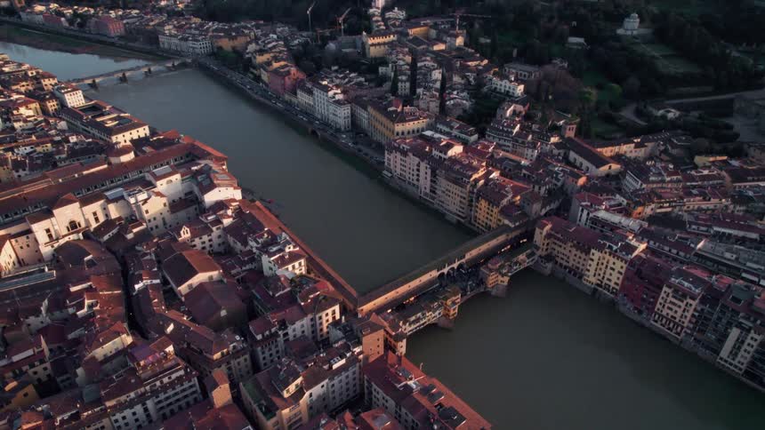 Aerial view of a city where all of the buildings and structures are the same style
