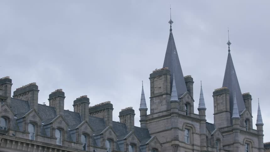 View of pointed turrets of a castle