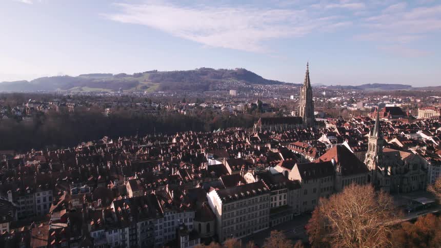 Aerial view of a european town with historic buildings and a large cathedral