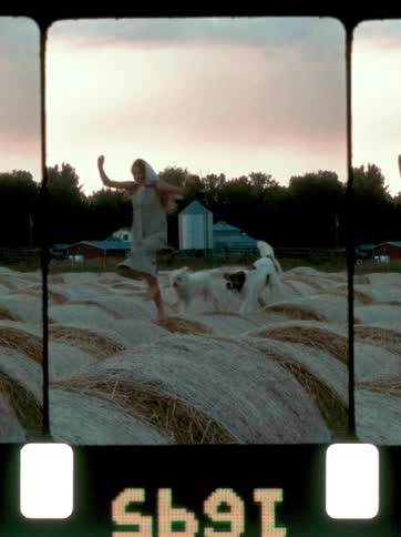 Woman running on dry straw bales with two dogs
