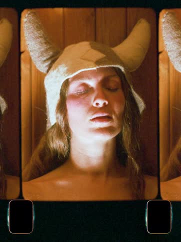 A woman is wearing a hat with horns on it