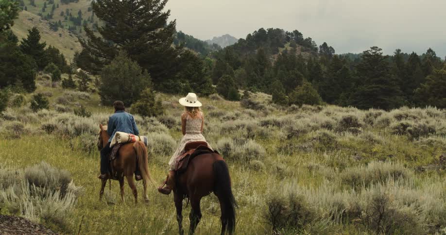 Woman and a man riding horses in a field and on the mountain