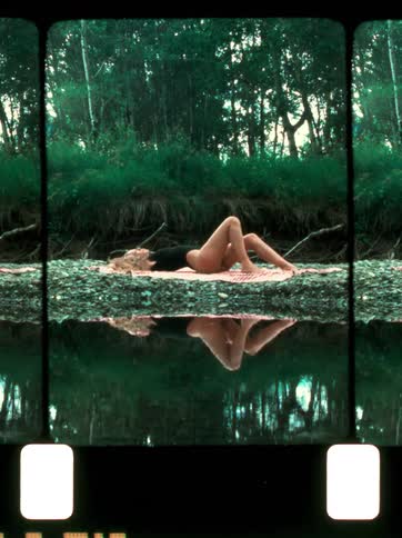 A woman lying beside a serene lake with a dense forest stretching behind her under the bright midday sun