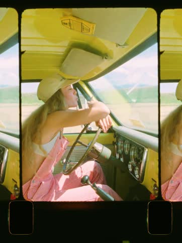 Young woman smokes in drivers seat of vintage car