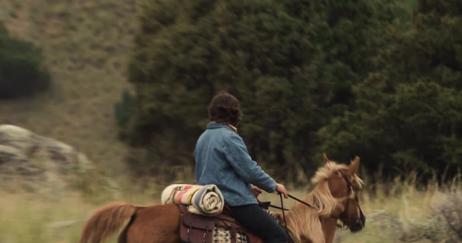 Two people riding horses through the wooded mountains