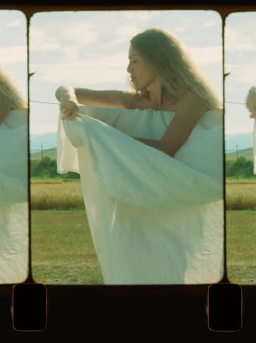 Young woman spreads and pegs a piece of clothing on a line outdoors during daytime