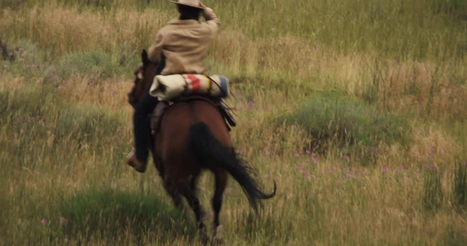 A man who has his hand holding his hat on his head is riding a horse quickly in a grass field