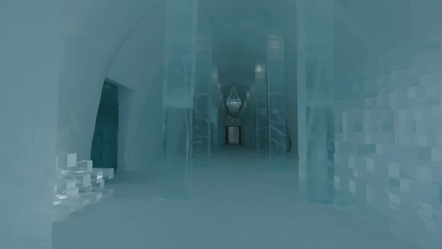 Interior design of walls and furniture made of ice