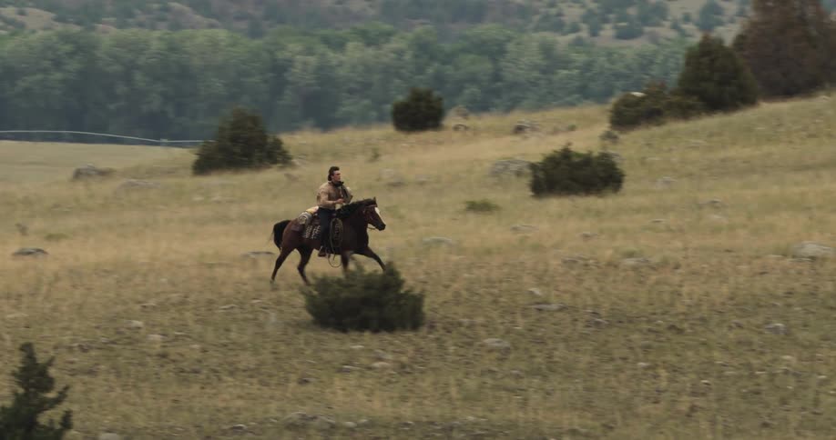 Person riding a horse through a field with reliefs