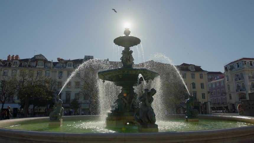 A fountain spraying water as birds fly above