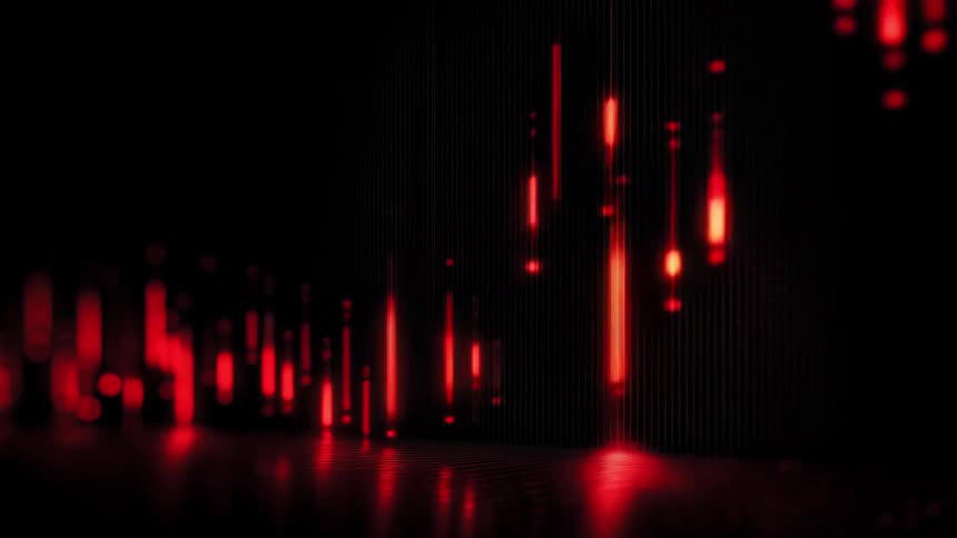 Abstract financial market candles of red color against a black background