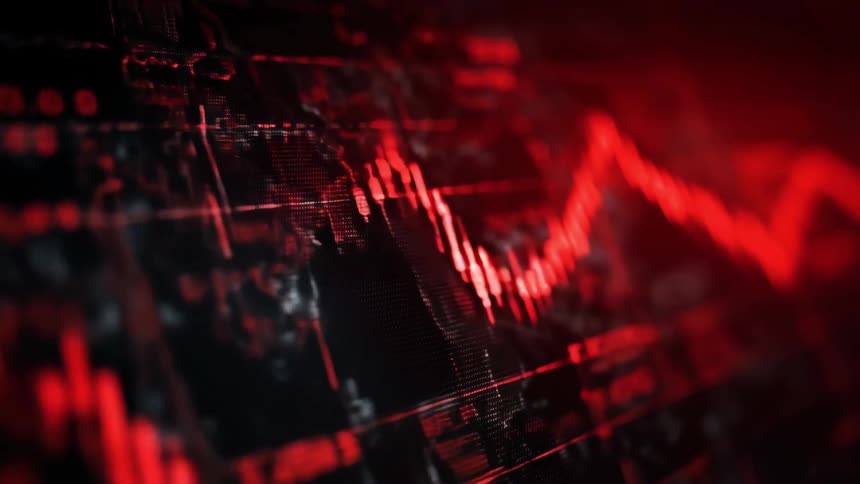 Close up of a device screen displaying an interactive trading interface in red on a dark background