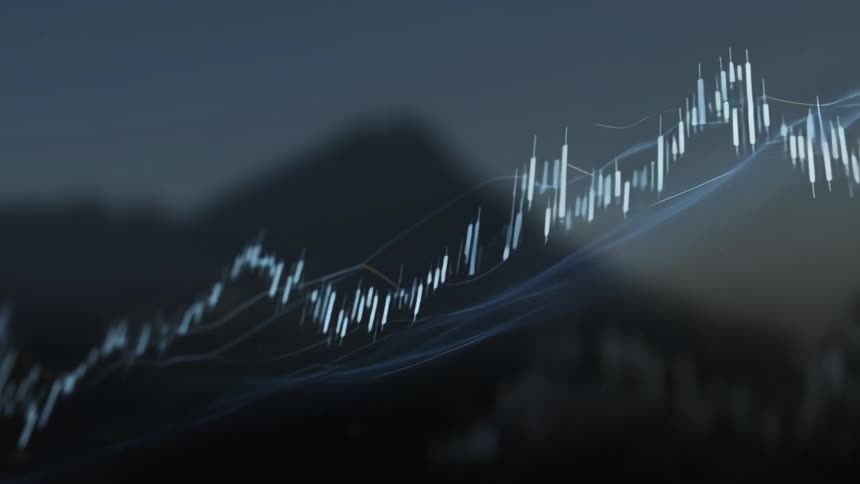 A computer monitor displays a candlestick chart of a stock price with the graph actively scrolling to the right