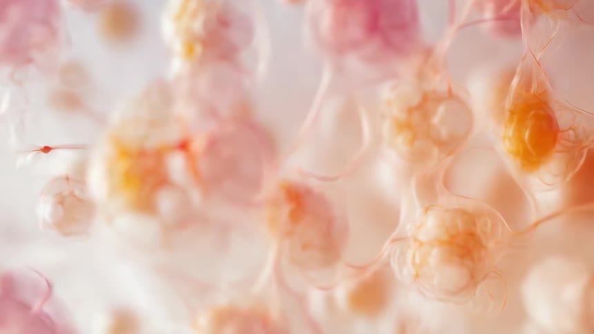 Transparent material connects orange and peach globs into a network