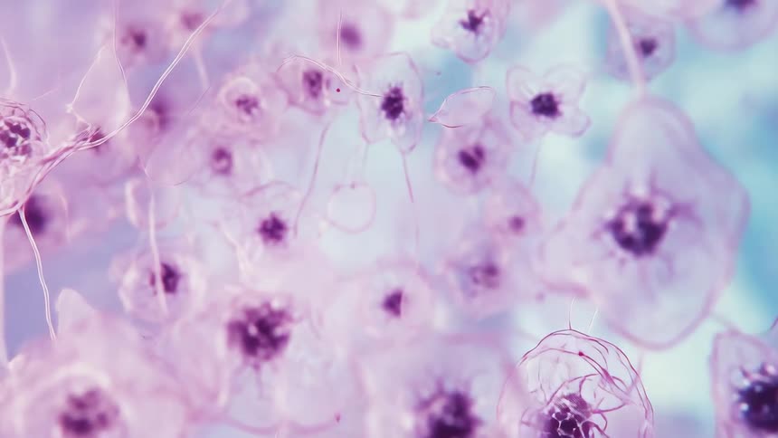 Closeup of translucent pinkish cells or microscopic organisms floating in a soft blue background