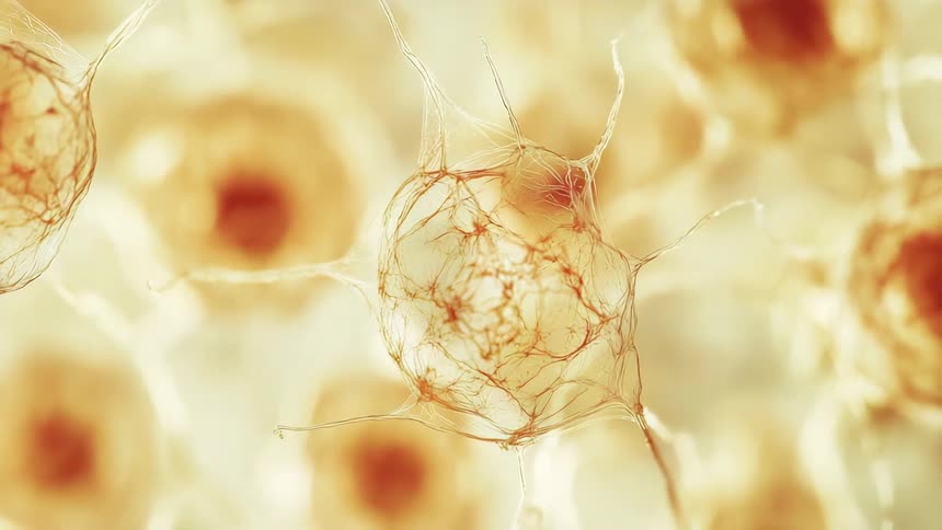 A computergenerated animation provides a microscopic view of biological cells or neurons pulsating within a neural network
