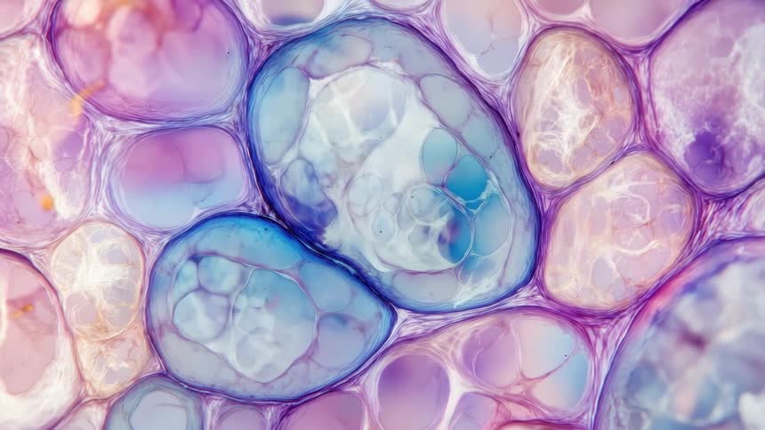 Extreme close up of abstract organic matter with bubbles in light blue and pink colors