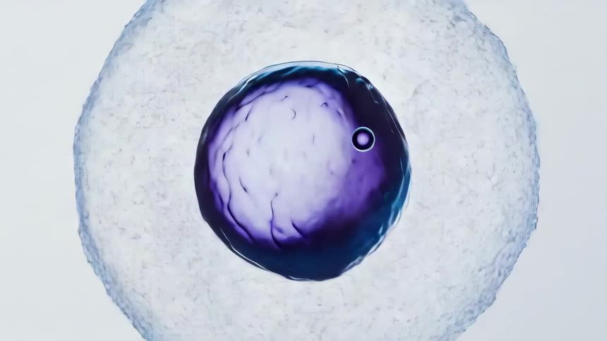 A digital 3d rendering of waterlike molecules moving around inside of a spinning translucent purple nucleus with an expanding outer outer shell against a white background