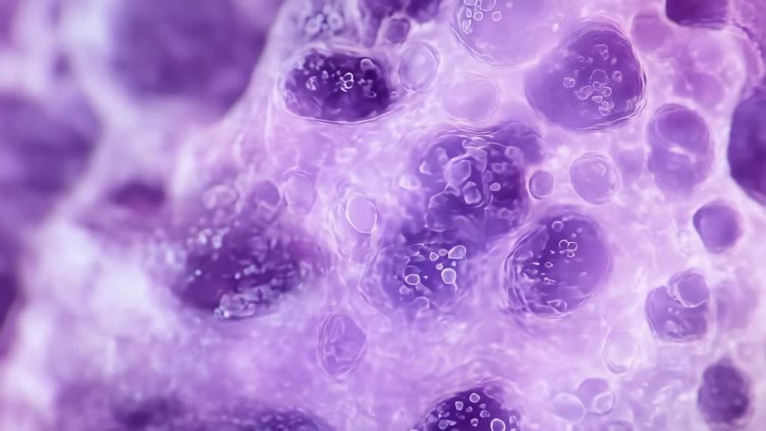 Haze flows over a rotating blue and purple cell
