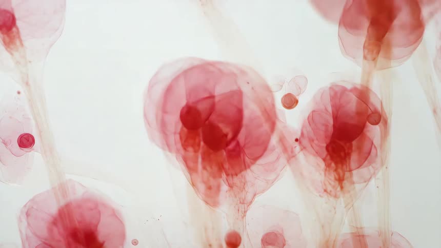Translucent redpink organic shapes float on a light background like soft tissue under a microscope