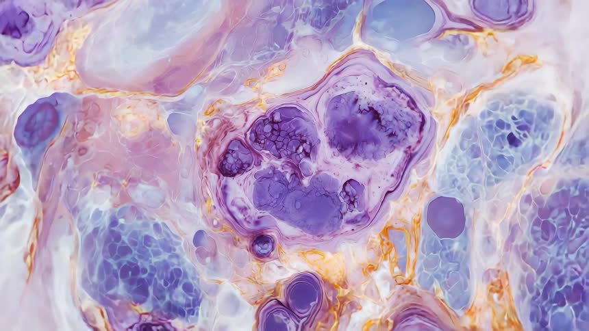 Abstract molecular liquid in predominantly purple coloration
