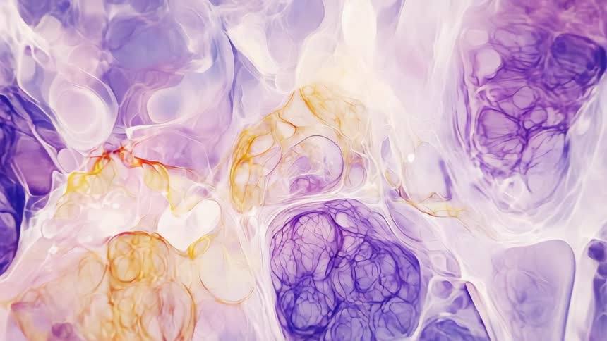 Colorful abstract cellular structures in shades of purple pink and orange appear under a microscope
