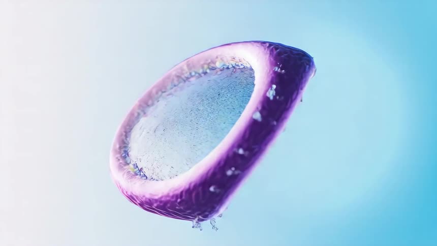 Extreme close up of a molecule with a blue nucleus and purple surroundings