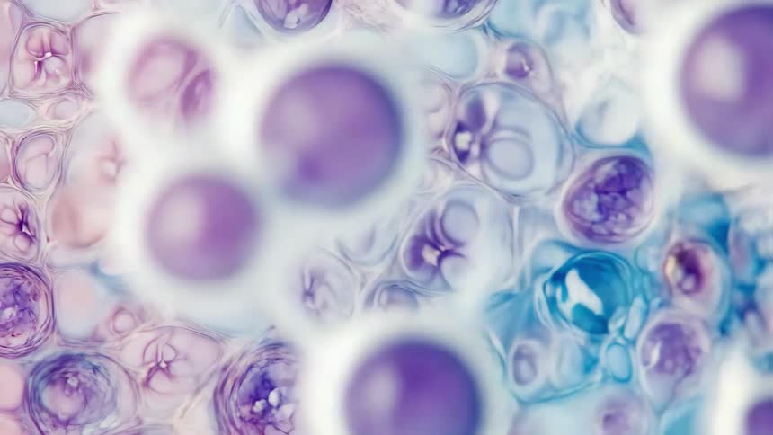 Colorful microscopic view of plant cells showing intricate structures in purple and blue hues