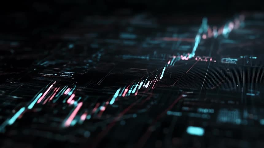 A stylized 3d animation shows a glowing candlestick stock chart with a strong upward trend on a futuristic digital interface