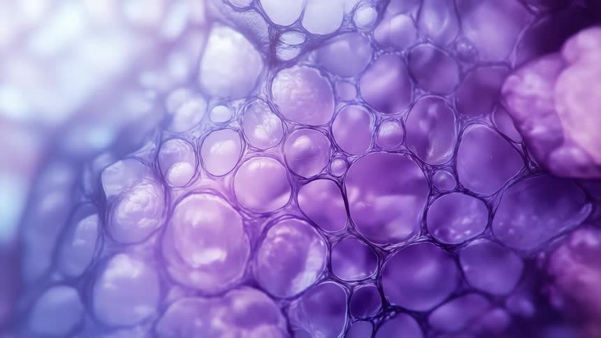 Extreme closeup of translucent purple cells resembling microscopic organic or chemical structures