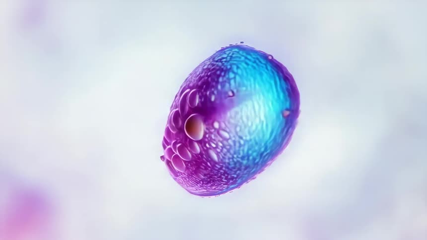 Purple and blue shape with embedded bubbles rotates against a cloudy background
