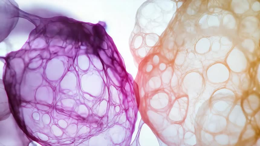 Colorful hollow structures float against a blurred background showing swirling patterns in shades of purple pink orange and blue