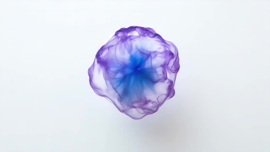 A swirling purple and blue ink cloud expands in water against a plain white background
