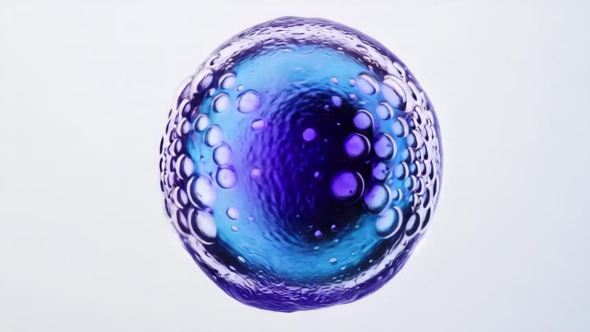 Abstract molecular sphere with bubbles against a white background