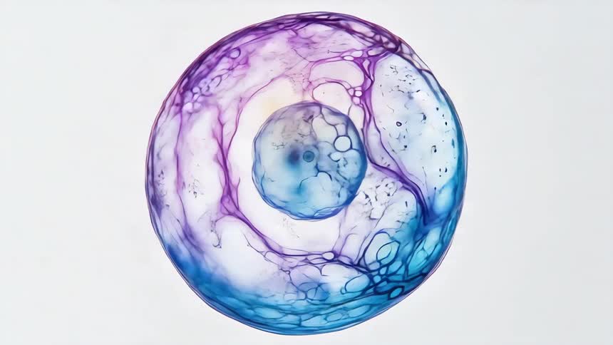 A 3d digital rendering of a transparent blue celllike sphere with a small solid blue center moving inside of a larger spinning transparent light purple and blue celllike sphere against a white background