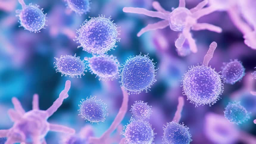 Microscopic view of purpleblue viruslike or fungal spores floating in a biological environment