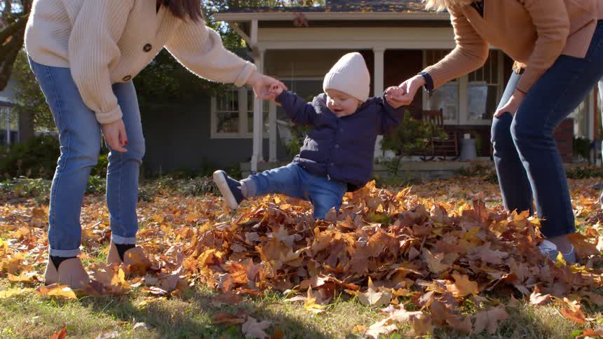 Two women hold a toddlers arms as the child walks across a pile of fallen leaves on the front lawn while a man walks by at midday