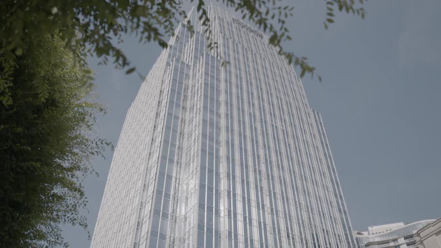 Trees in front of a tall skyscraper