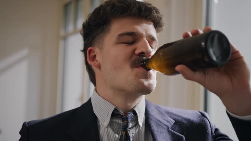 Two friends are drinking a bottle of beer together