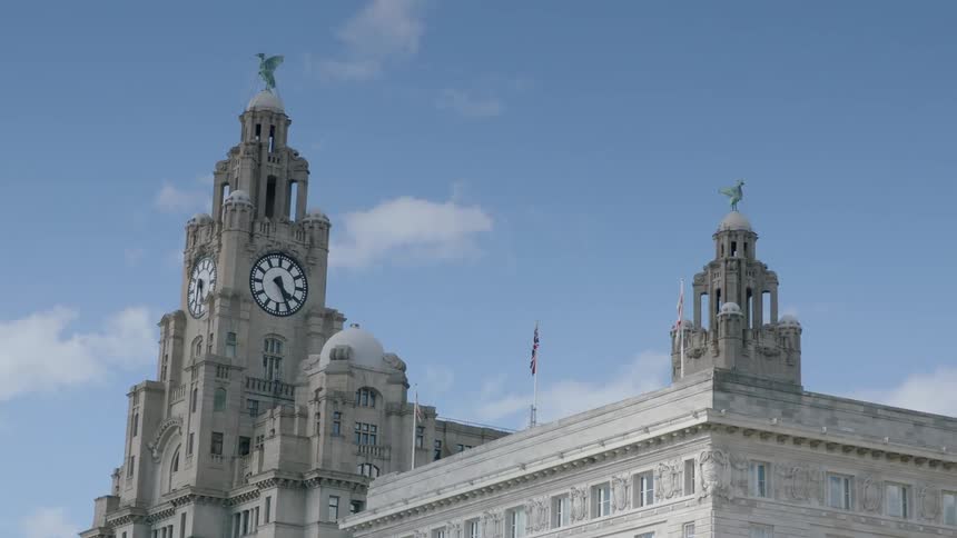 A bird flies in the sky near a clocktower