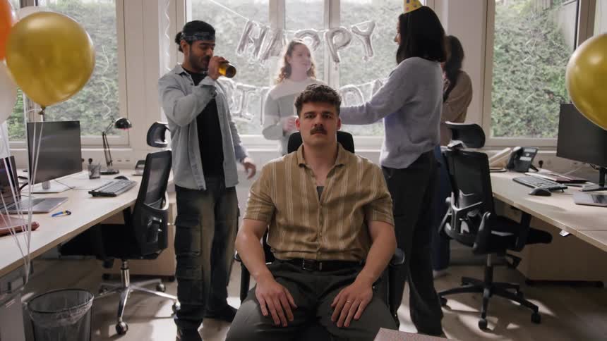 Man with a mustache sitting in a work environment and his friends in the background celebrating a birthday