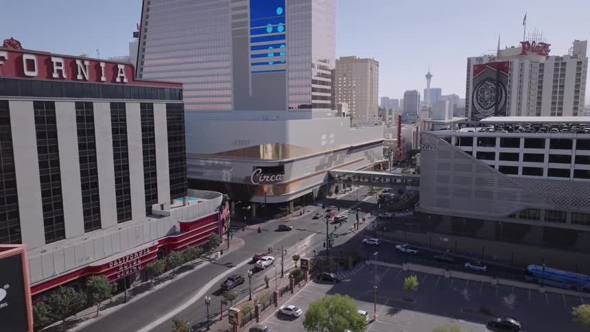 Buildings and intersections in downtown Las Vegas during the day