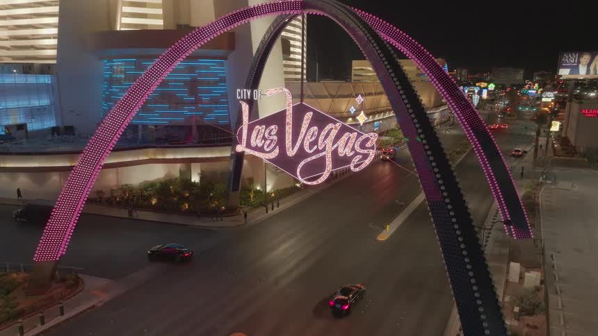 aerial footage around the  Las Vegas Boulevard arch