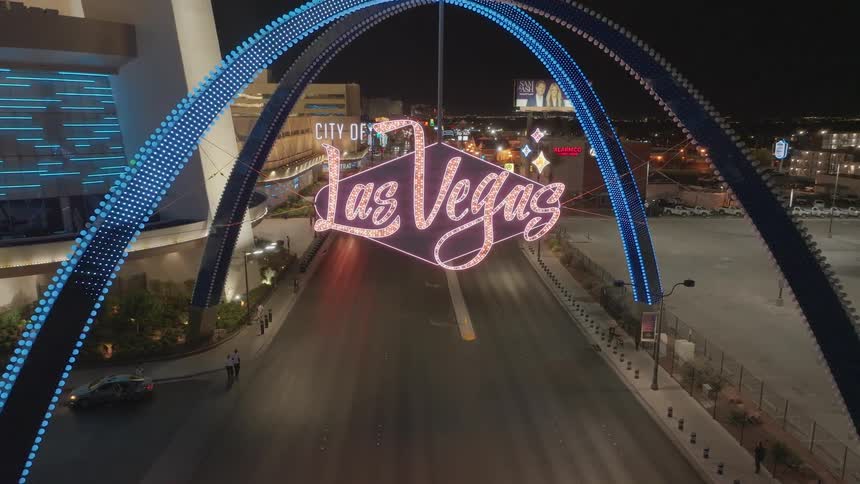 Aerial shot of the Las Vegas Gateway Arch on Las Vegas Boulevard