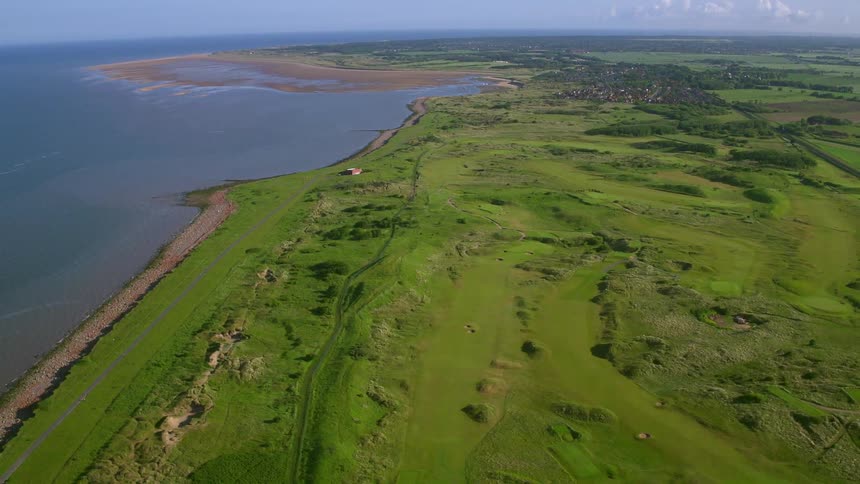 Green grass and trees cover the landscape on the shoreline