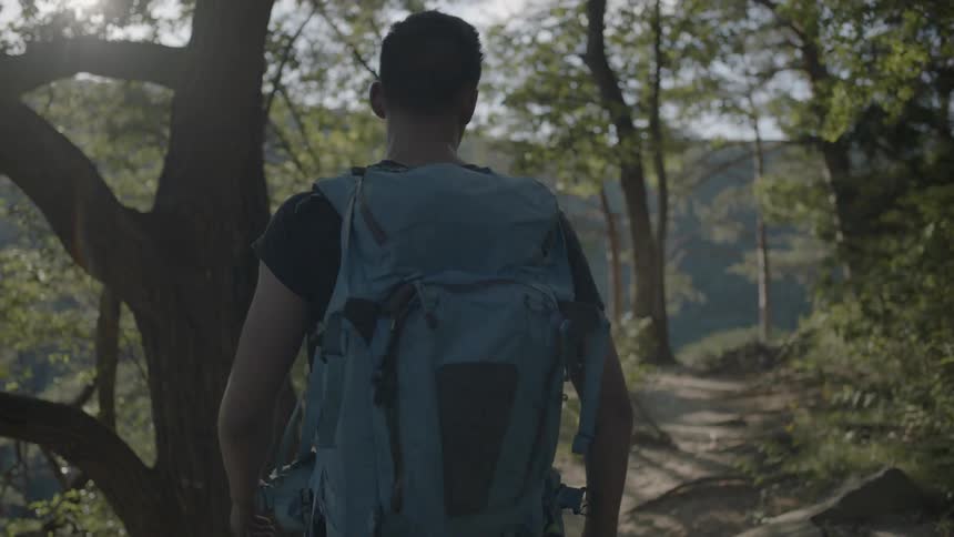 Man in blue backpack hikes through a forest