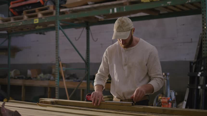 A man measures wooden planks in a workshop using a tape measure