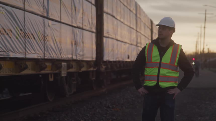 A worker wearing a green vest and hard hat walks beside a freight train at sunset