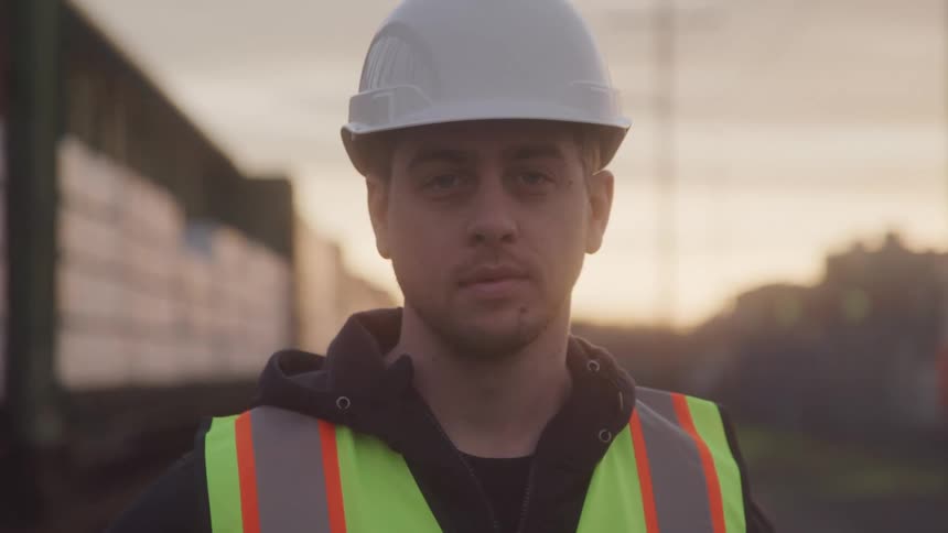 A construction worker employee is wearing his hat and vest outdoors